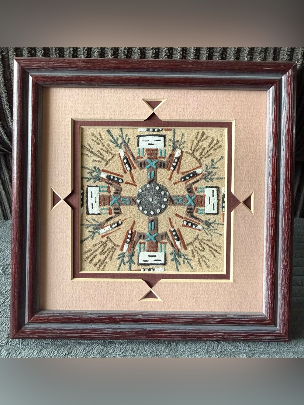 Vintage Navajo Native American Sand Painting Framed Geometric Wall Art
